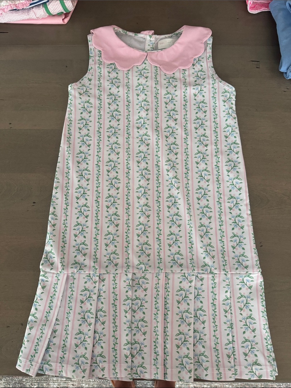 Pink Floral Stripe Sleeveless performance fabric dress with Scalloped Collar